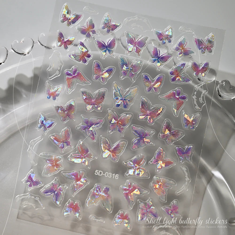 1pc Aurora Butterfly Nail Stickers Pink Butterfly Shell Light Beam Angel Wings Sliders Fairy Light & Lively Translucent Nail Dec (ONLINE ORDER ONLY)