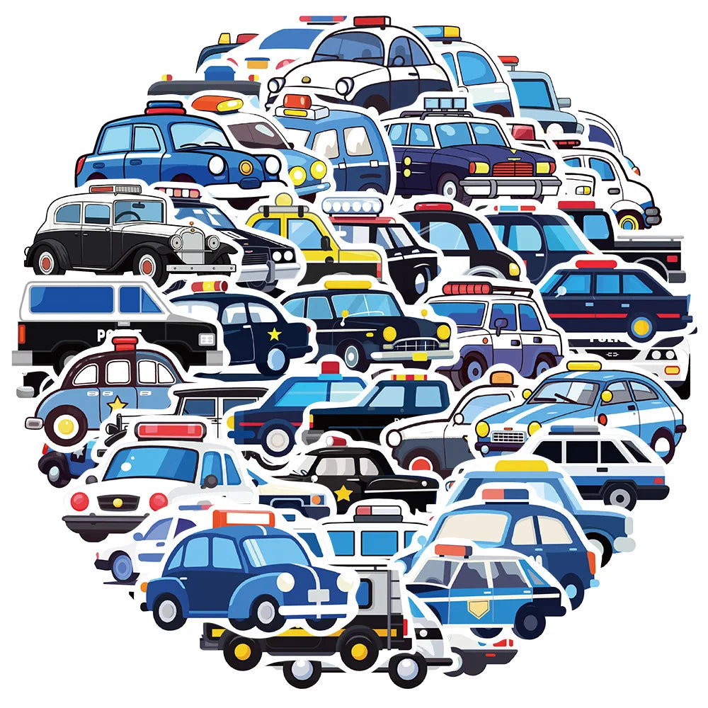 Cartoon Police Car Stickers for Kids - Suitcase, Skateboard, Laptop, Phone, DIY Decal (10/30/50 Pcs) (ONLINE ORDER ONLY)