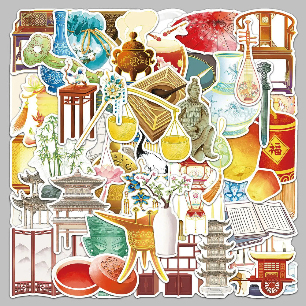 50Pcs Ancient Aesthetic Graffiti Stickers for Helmet, Wall, Desktop Decoration (Online Order Only)