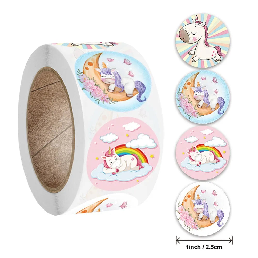 50-500pcs 1inch Round Cartoon Unicorn stickers for kids Teacher Reward Encourage Sticker Office Seal label Animal Toys Label (ONLINE ORDER ONLY)