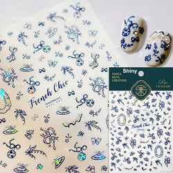 French Chic Blue Line Bowknot Fan Flower Leaves Butterfly Lace Frame Bell Shiny Self Adhesive Nail Art Stickers Manicure Decals (ONLINE ORDER ONLY)