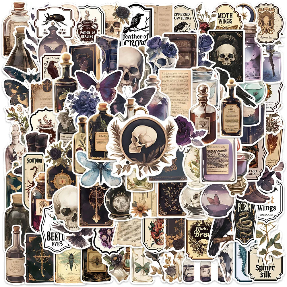 50/100pcs Retro Darkness Aesthetic Alchemy Notes Stickers Crow Skull Potion Laptop Decals Waterproof Luggage Guitar Stickers (Online Order Only)