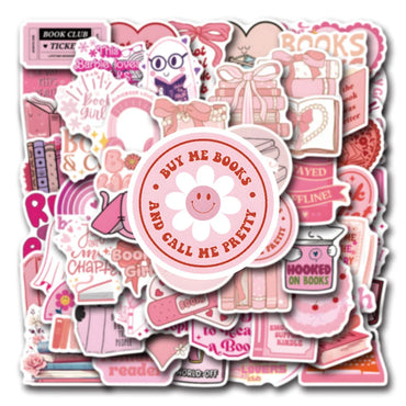 10/30/60PCS Cute Pink Reading Book Bookish Stickers Cartoon Decals DIY Decoration Notebook Laptop Phone Luggage Car Graffiti Toy (Online Order Only)