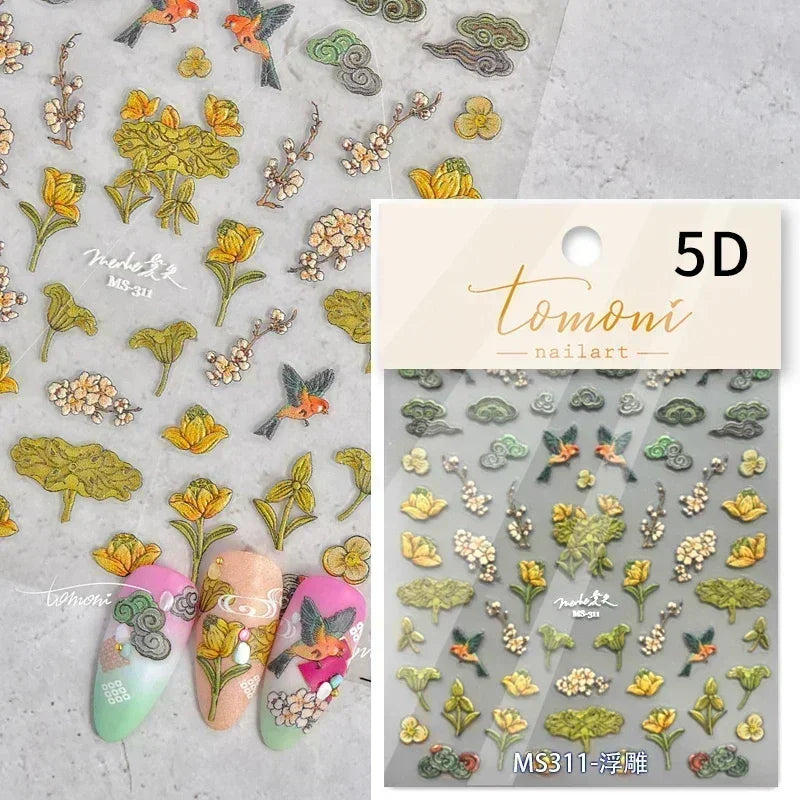 Red Plum Blossom Flower Chinese 3D Self Adhesive Nail Art Decoration Stickers Cheongsam Iris Lily Lotus Vase 5D Manicure Decals (ONLINE ORDER ONLY)