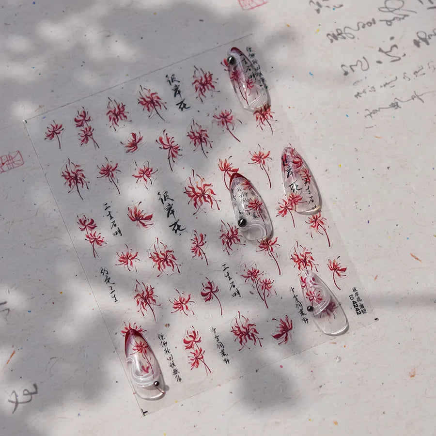 Pretty Red Equinox Flowers Tragedy Love Nine-tailed Fox Mask Manjusaka Chinese Style Soft Relief Nail Art Sticker Manicure Decal (ONLINE ORDER ONLY)