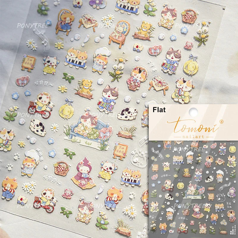 Picnic Cat Kitten Bowknot Flower Fish Butterfly Tree Mushroom Star Moon Cat's Paw Adhesive Nail Art Sticker Cute Manicure Decals (Online Order Only)