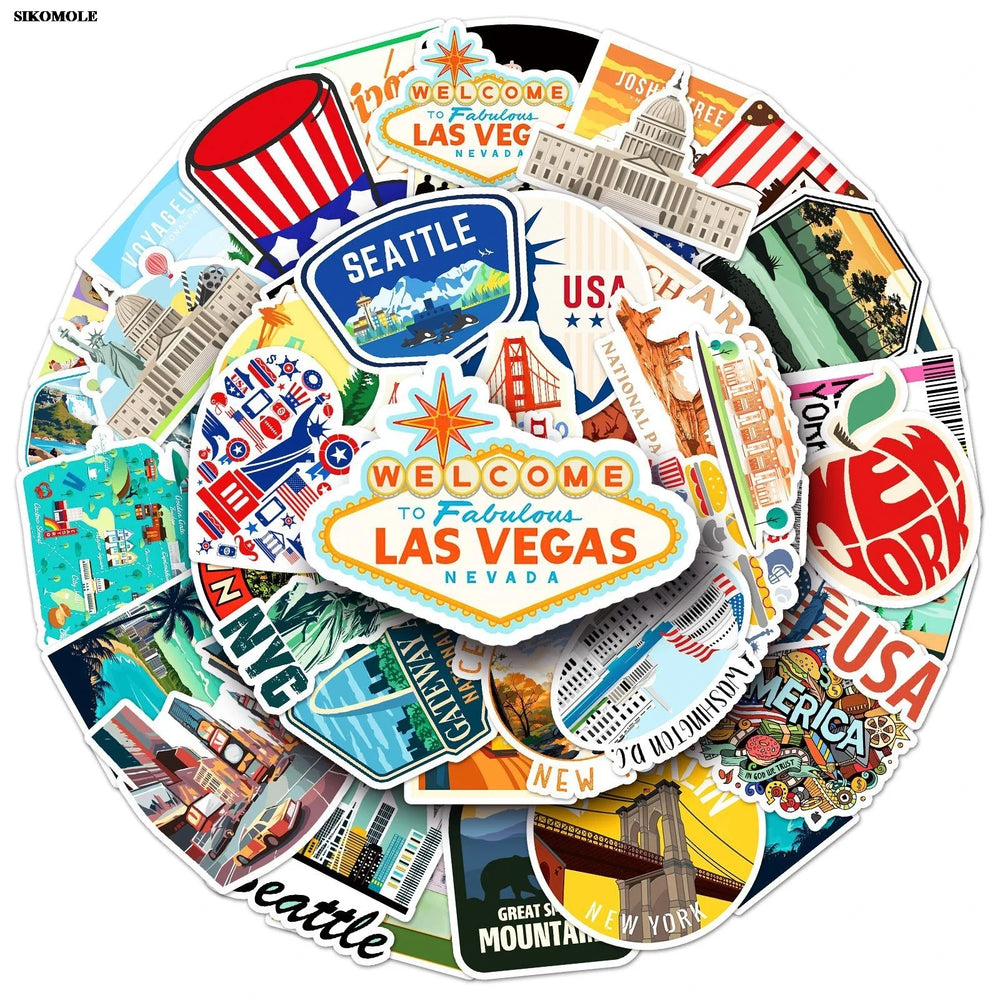 Cartoon USA Map Stickers for Laptop Luggage DIY Decals 10/30/50pcs (ONLINE ORDER ONLY)