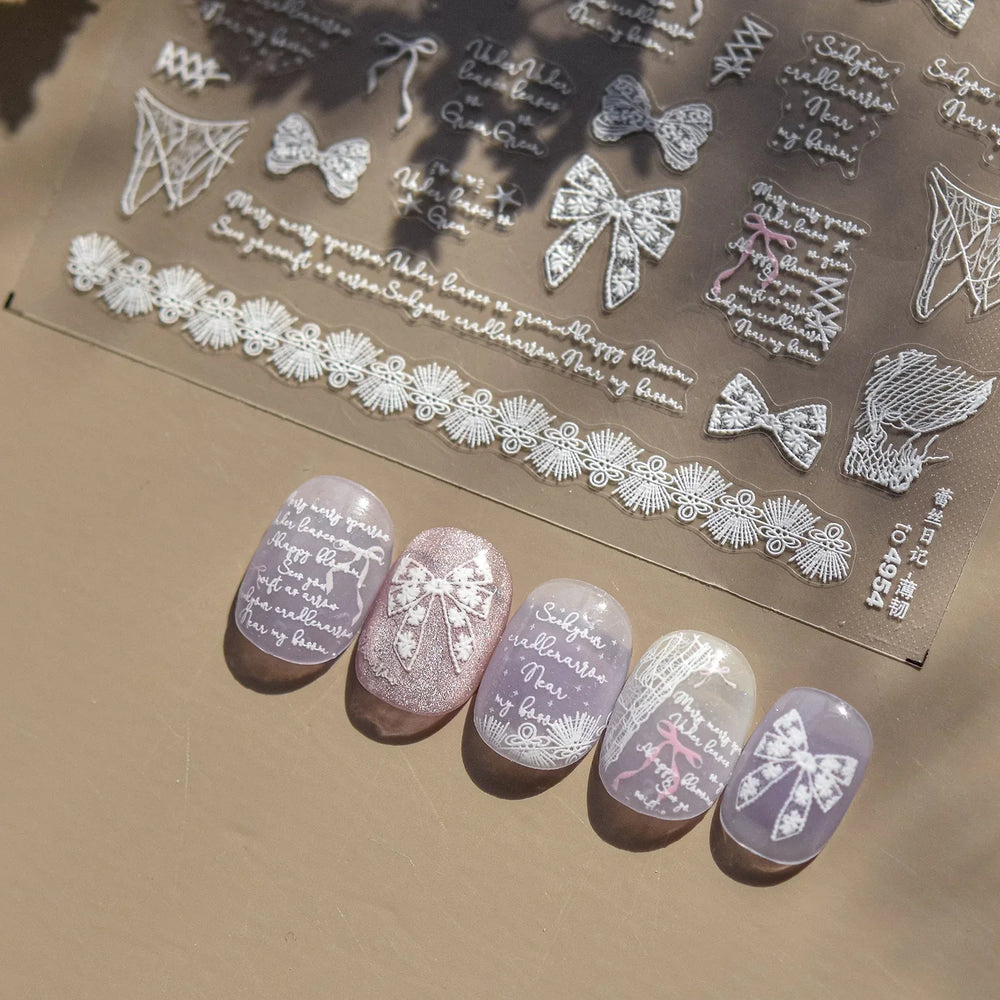 Retro White Lace Fabric Piece Bowknot English Letter Decorative Border Irregular Cloth Block Adhesive Nail Art Stickers Decals (ONLINE ORDER ONLY)
