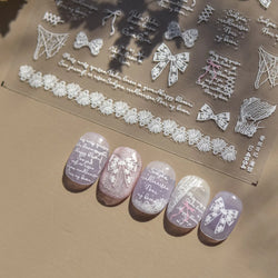 Retro White Lace Fabric Piece Bowknot English Letter Decorative Border Irregular Cloth Block Adhesive Nail Art Stickers Decals (ONLINE ORDER ONLY)