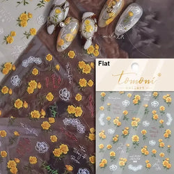 Gradient Coloredful Flower Petal Green Leaf Dreamy Shiny Chinese Rose Fantasy Relief Adhesive Nail Art Stickers Manicure Decals (Online Order Only)