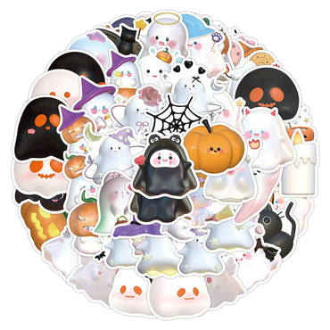 3D Halloween Ghost Stickers - 10/30/60pcs Cute DIY Decals for Notebook, Phone, Suitcase, Fridge, Guitar, Bike (Online Order Only)