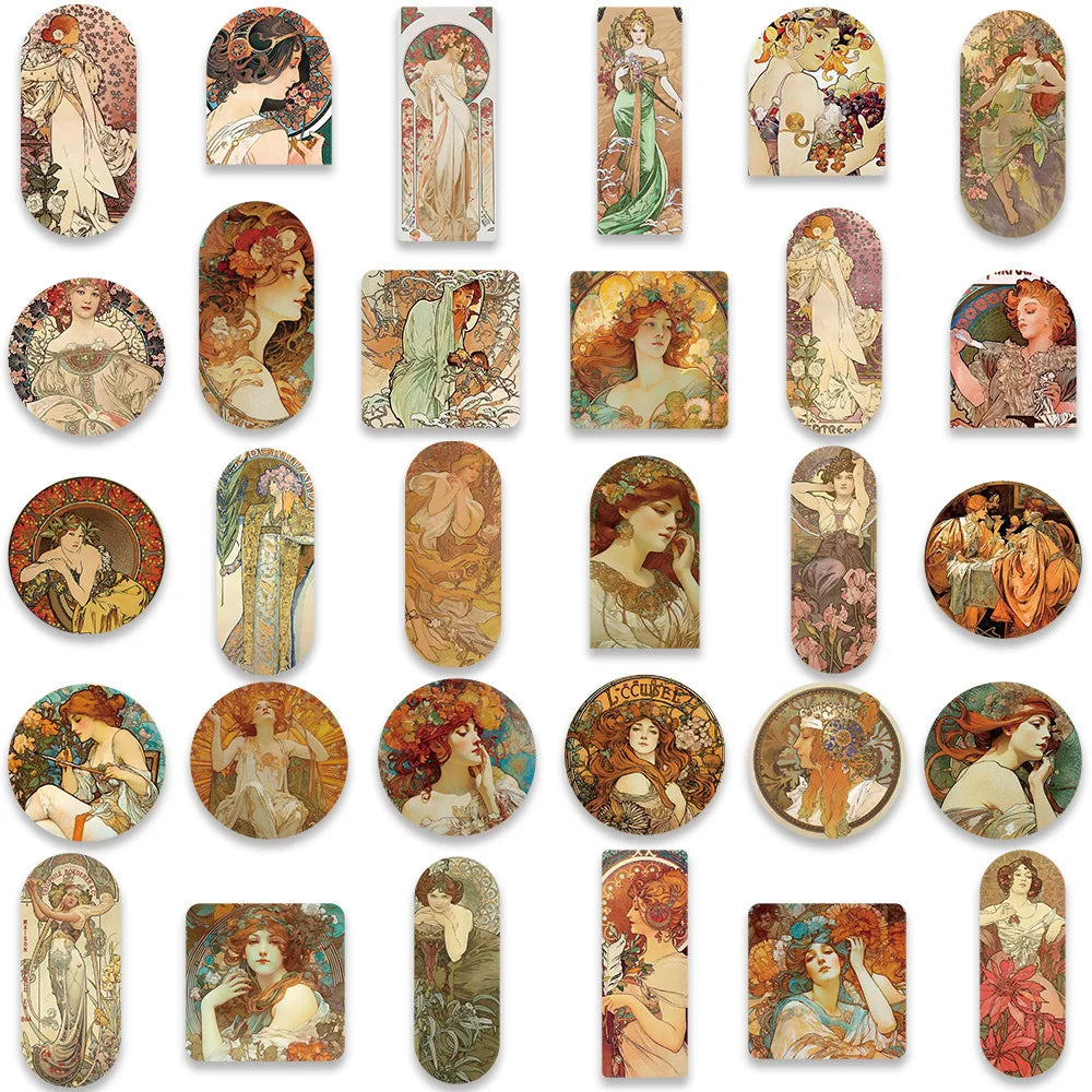 10/30/60PCS Alphonse Maria Mucha Art Graffiti Stickers Aesthetic Decoration DIY Phone Scrapbook Fridge Bike Wall Decals Kids Toy (ONLINE ORDER ONLY)