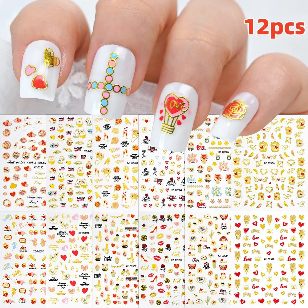 12Pcs 3D Golden Red Glitter Heart Love Nail Sticker Valentine Self Adhesive Cartoon Decal Geometry Lines Stripe Slider Manicure* (ONLINE ORDER ONLY)