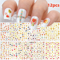 12Pcs 3D Golden Red Glitter Heart Love Nail Sticker Valentine Self Adhesive Cartoon Decal Geometry Lines Stripe Slider Manicure* (ONLINE ORDER ONLY)