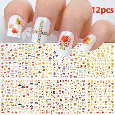12Pcs 3D Golden Red Glitter Heart Love Nail Sticker Valentine Self Adhesive Cartoon Decal Geometry Lines Stripe Slider Manicure* (ONLINE ORDER ONLY)