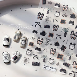 Black Cat Kitten Glasses Camera Timepiece Shoe Notebook Vase Pen Teapot Bowknot Item Adhesive Nail Art Stickers Manicure Decals (Online Order Only)