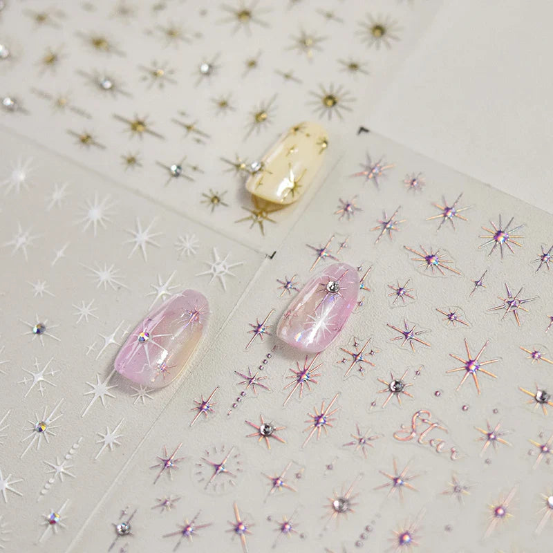 Gold Silver Star Laser Pink Colorful Glitter Starlight Sparkle Rhinestones Relief Nail Art Decorations Stickers Manicure Decals (ONLINE ORDER ONLY)