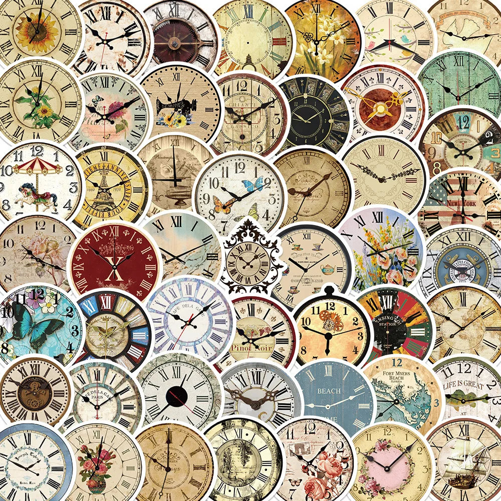 50Pcs Retro Clock Graffiti Stickers for Helmet, Wall, DIY Decor (Online Order Only)