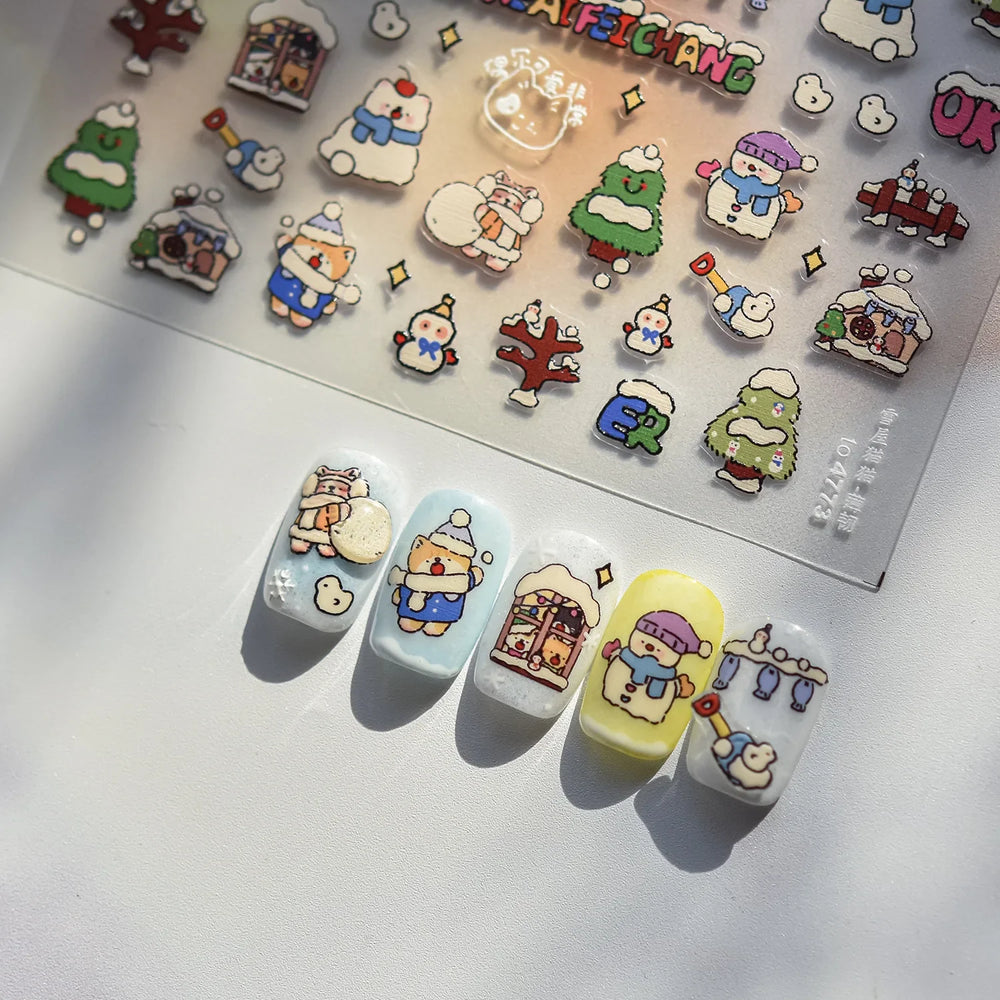 Cat House Snow Tree Window Fish Star Shiny Snowman Duck 5D Self Adhesive Nail Art Stickers Hat Apple Rhinestone Manicure Decals (ONLINE ORDER ONLY)