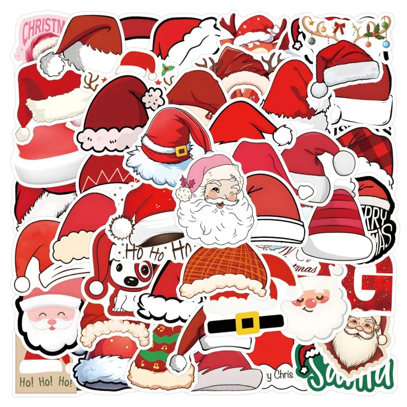 55pcs Santa Hat Stickers for Luggage, Water Bottles, Phones, Laptops, Cars, Scooters, Refrigerators (Online Order Only)