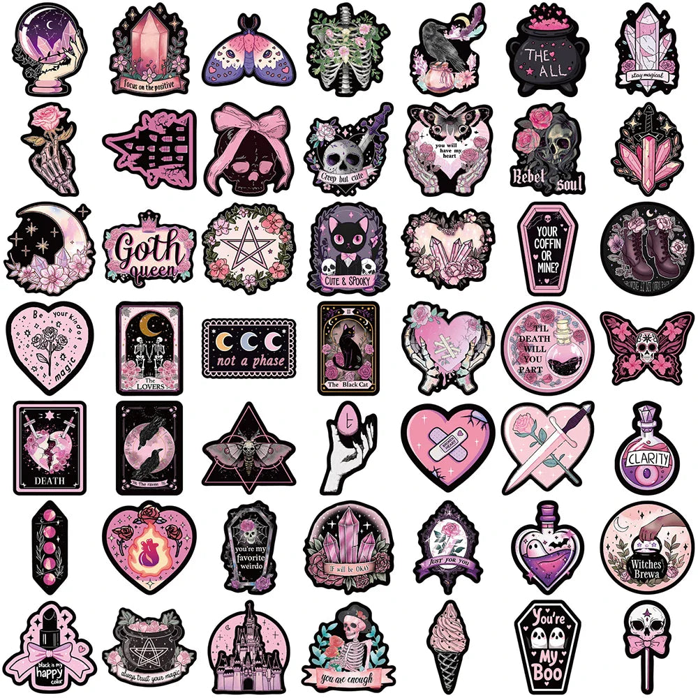 10/30/50PCS Black Pink Gothic Style Magic Witch Cartoon Sticker DIY Phone Laptop Luggage Skateboard Graffiti Decals Fun for Toy (ONLINE ORDER ONLY)