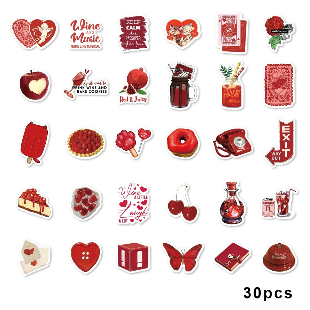 30pcs Rose, Cherry Red Graffiti Stickers Decorated Notebook Water Cup Suitcase Guitar Classic Toy Scrapbook Waterproof PVC Decal (ONLINE ORDER ONLY)