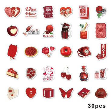 30pcs Rose, Cherry Red Graffiti Stickers Decorated Notebook Water Cup Suitcase Guitar Classic Toy Scrapbook Waterproof PVC Decal (ONLINE ORDER ONLY)