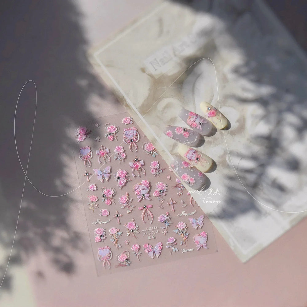 Pink Rose Flower Rambler Heart Bowknot Butterfly Shiny Soft Relief Adhesive Nail Art Stickers Romantic Spring 3D Manicure Decals (ONLINE ORDER ONLY)