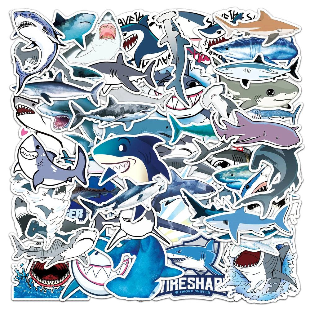 50Pcs Shark Cartoon Waterproof Vinyl Stickers for Skateboard Snowboard (Online Order Only)