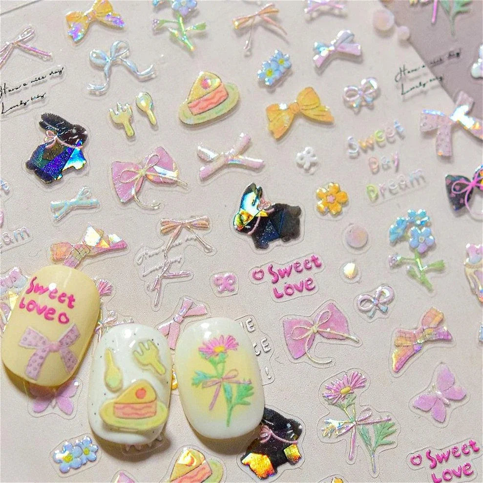 Shiny Black Rabbit Bowknot Flower Cake Fork Spoon 5D Soft Embossed 3D Flat Self Adhesive Nail Art Stickers Lovely Manicure Decal (ONLINE ORDER ONLY)