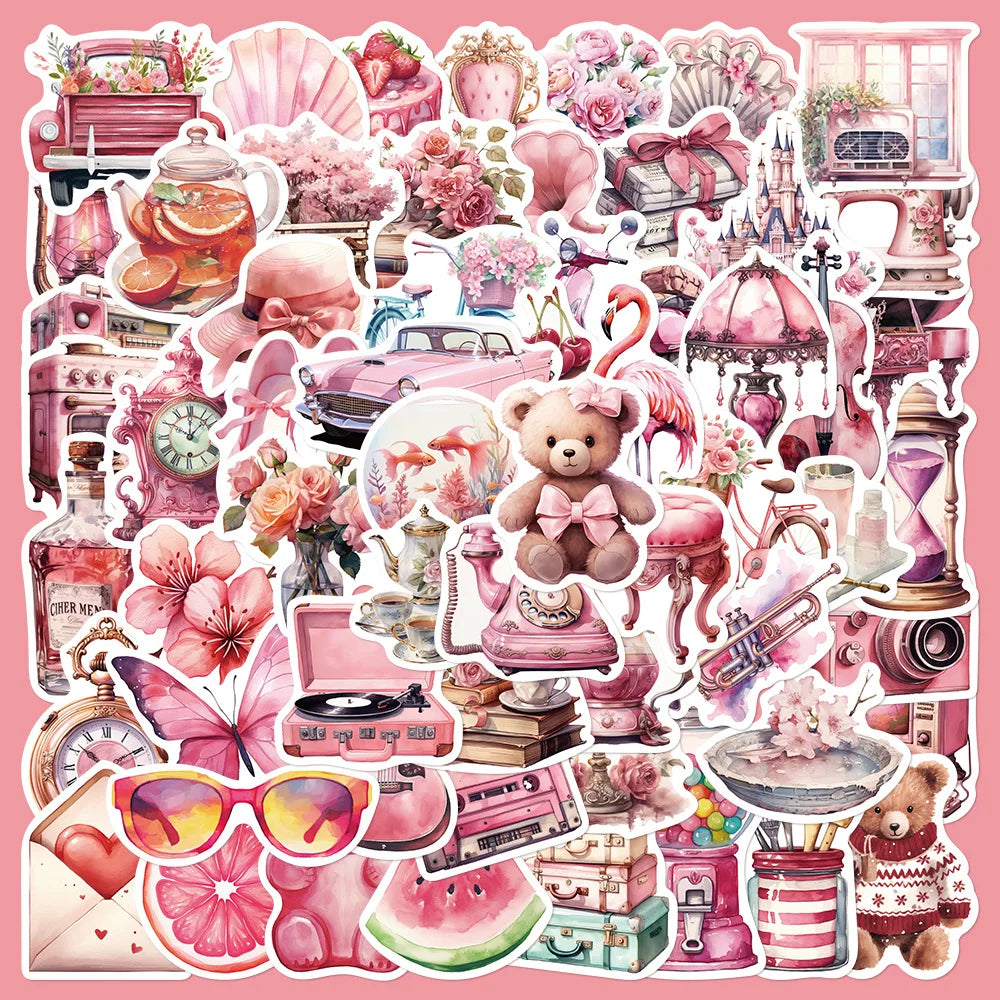 60pcs Pink Holiday Flower Graffiti Stickers for Helmet Wall DIY Decoration (ONLINE ORDER ONLY)