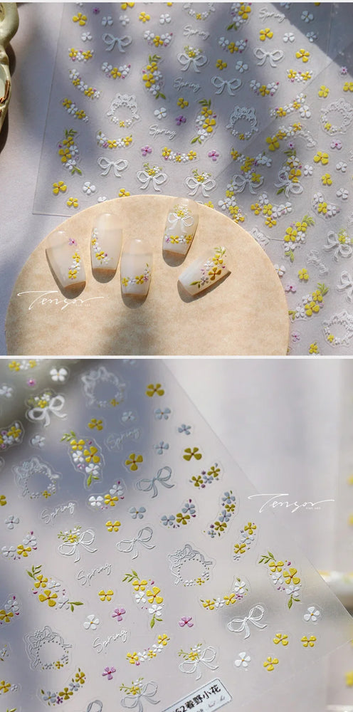 Yellow Purple Mini Flower White Lace Bowknot Flower Bouquet Spring 5D  Adhesive Nail Art Decoration Stickers DIY Manicure Decals (ONLINE ORDER ONLY)