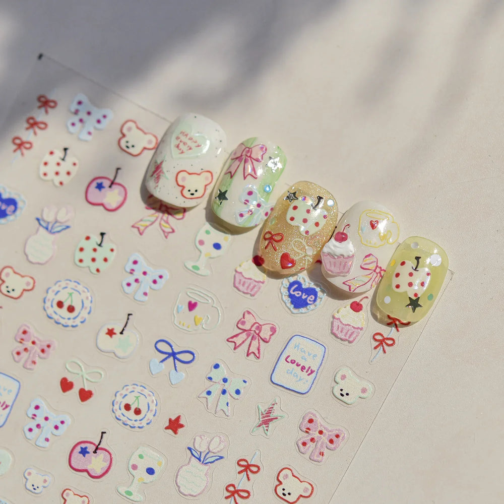 Bear Bowknot Bag Dessert Apple Core Earphone Cup Tulip Cherry Milk Cake Cookies Flower Adhesive Nail Art Stickers Manicure Decal (ONLINE ORDER ONLY)