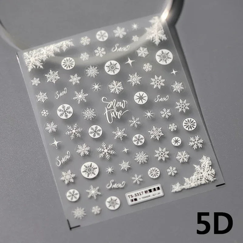 Winter Dreamy Hot Stamping Romantic White Pink Snowflakes Hexagon 3D Self Adhesive Nail Art Stickers Christmas Manicure Decals (ONLINE ORDER ONLY)