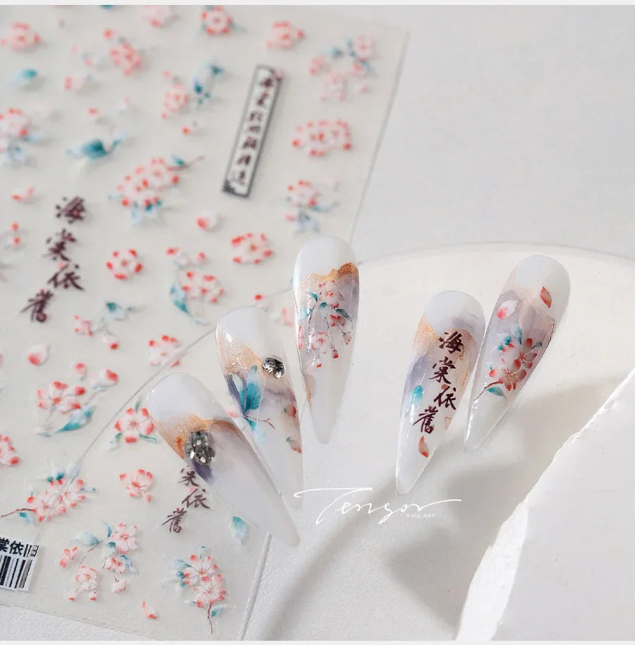 Chic Begonia Flower Miss-grass Pink Gradient Cherry-apple Tree Leaves Peach Blossom Adhesive Nail Art Spring Nail Stickers Decal (ONLINE ORDER ONLY)