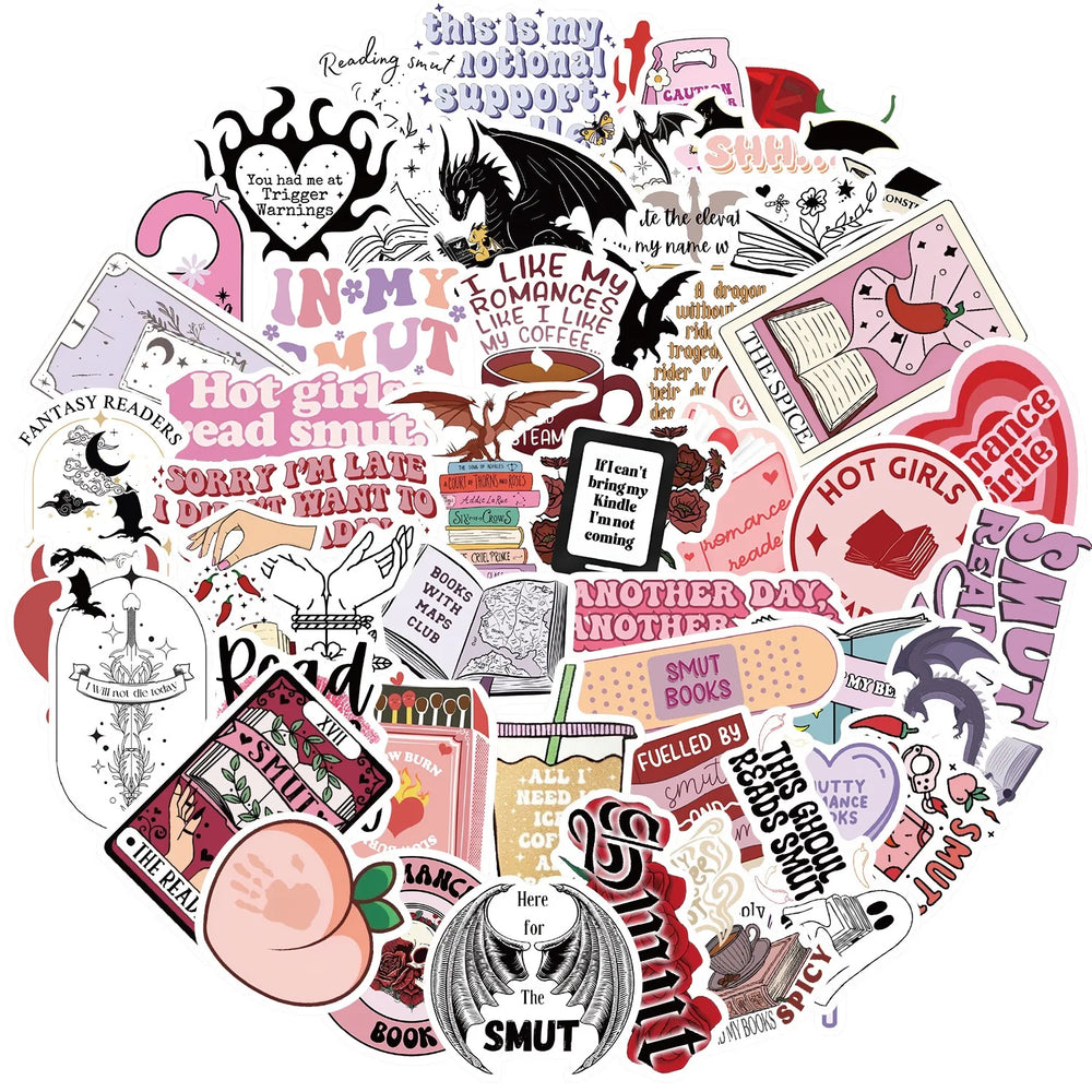 10/52pcs Cute Bookish Smutty Book Reading Stickers Decals DIY Scrapbooking Notebook Laptop Phone Luggage Car Decorative Sticker (Online Order Only)