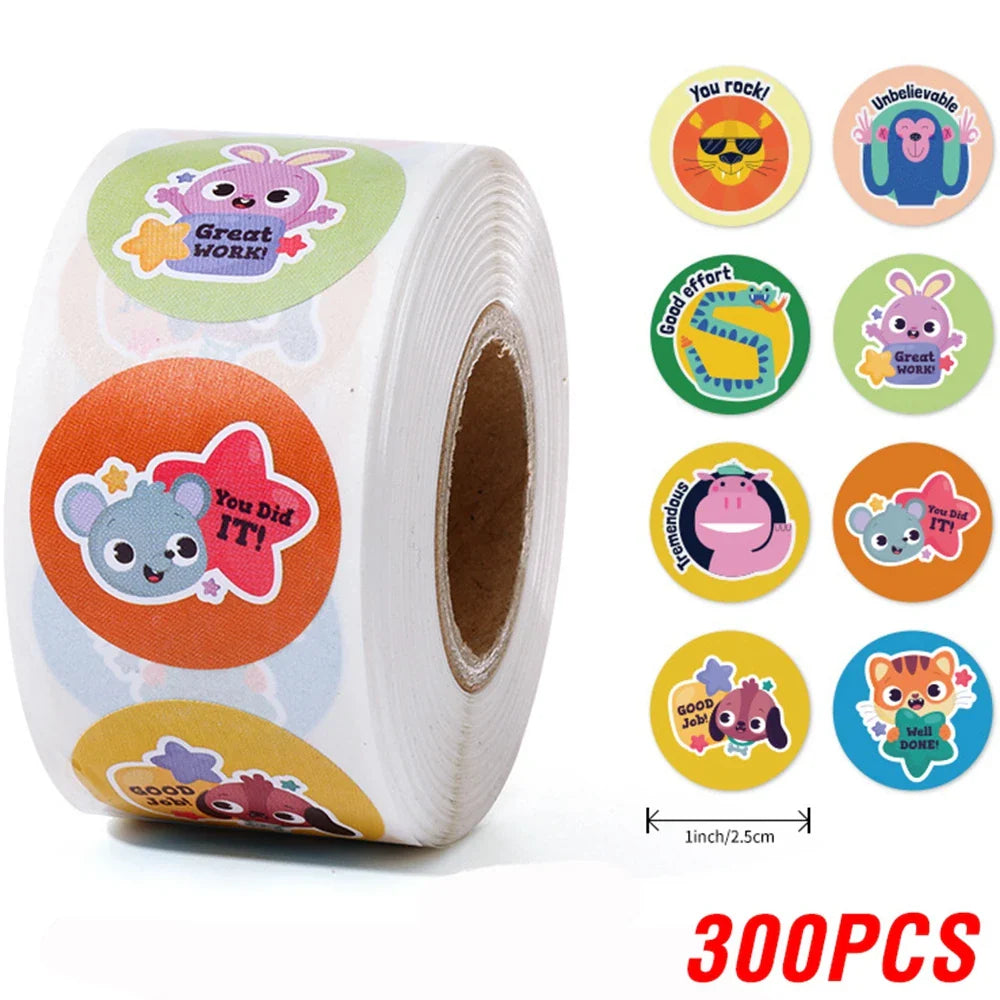 100-500 Pcs 1inch/2.5cm Animal Good Job Cool Stickers Roll for Envelope Praise Reward Student Work Label Stationery Seal Lable (ONLINE ORDER ONLY)