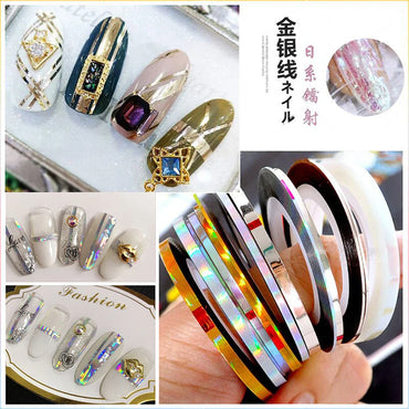 10pcs Nail Striping Tape Metallic Yarn Line Gold/Silver Striping Sticker Holographic 3D Strips Liner Tape Adhesive Manicure Foil (Online Order Only)