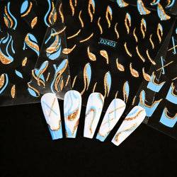 6pcs/Set Blue Gold Glitter French Design 5D Nail Stickers Curve Lines Swirls Wave Nail Sliders Reflective Flakes Decals Manicure (ONLINE ORDER ONLY)