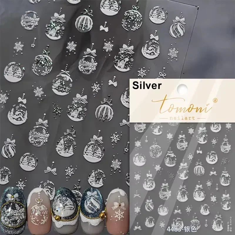 Dressy Embossment Colorful Gradient Snowflakes Laser Silver Christmas Tree Winter Bowknot Santa Nail Art Stickers Manicure Decal (Online Order Only)