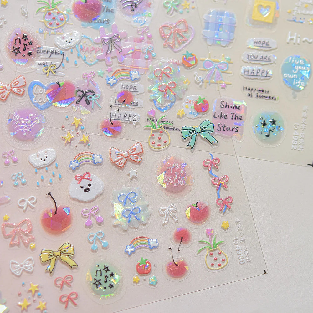 Dyeing Apple Cherry Fruit Dog Puppy Bowknot Colorful Cartoon Graffiti Reliefs Adhesive Nail Art Stickers Flowers Manicure Decals (ONLINE ORDER ONLY)