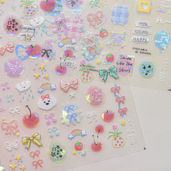 Dyeing Apple Cherry Fruit Dog Puppy Bowknot Colorful Cartoon Graffiti Reliefs Adhesive Nail Art Stickers Flowers Manicure Decals (ONLINE ORDER ONLY)