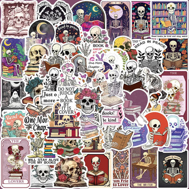 10/50pcs Aesthetic Funny Skull Reading Book Bookish Stickers Kindle Decals DIY Scrapbooking Laptop Phone Car Decorative Sticker (ONLINE ORDER ONLY)