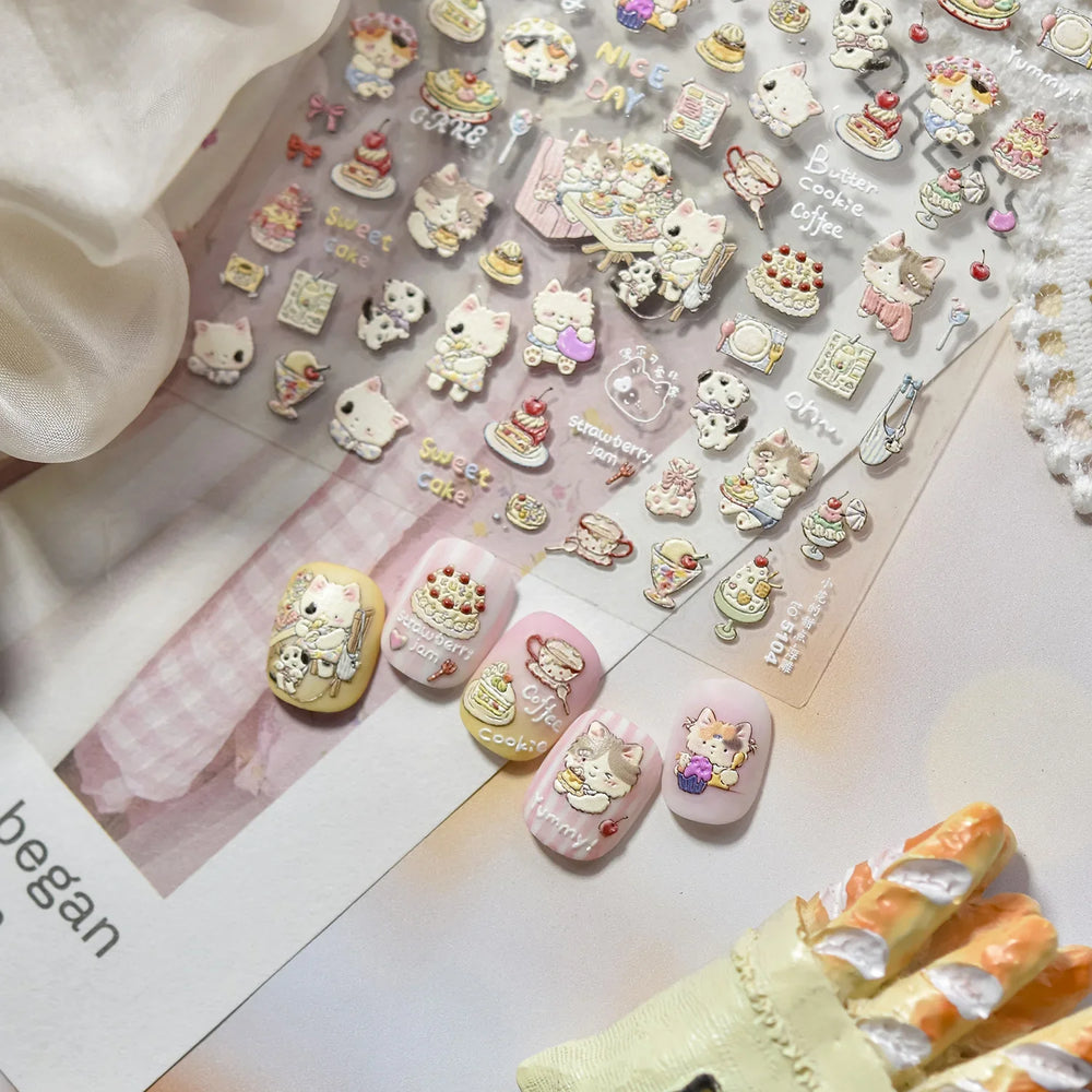 Cute Cat Cherry Sweet Cake Dog Butter Cookie Coffee Strawberry Jam Ice Cream Adhesive Nail Art Decoration Sticker Manicure Decal (Online Order Only)