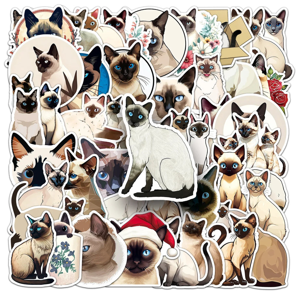50Pcs Siamese Cat Cartoon Waterproof Vinyl Stickers for Skateboard Snowboard Decal (Online Order Only)