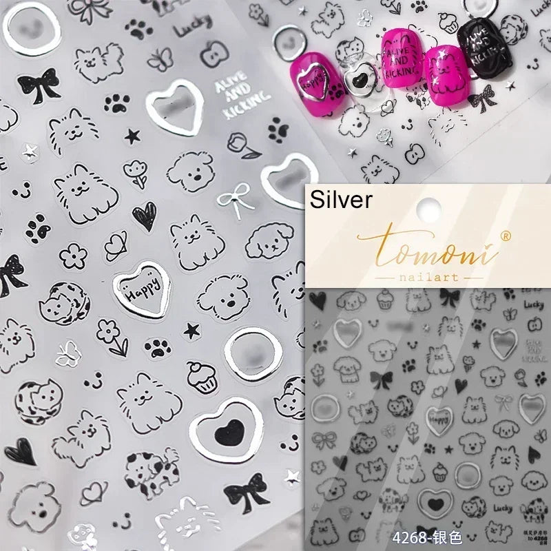 Dog Rabbit Line Bunny Footprint Bowknot Heart Cake Strawberry Flowers Bone Graffiti Adhesive Nail Art Stickers Manicure Decals (ONLINE ORDER ONLY)