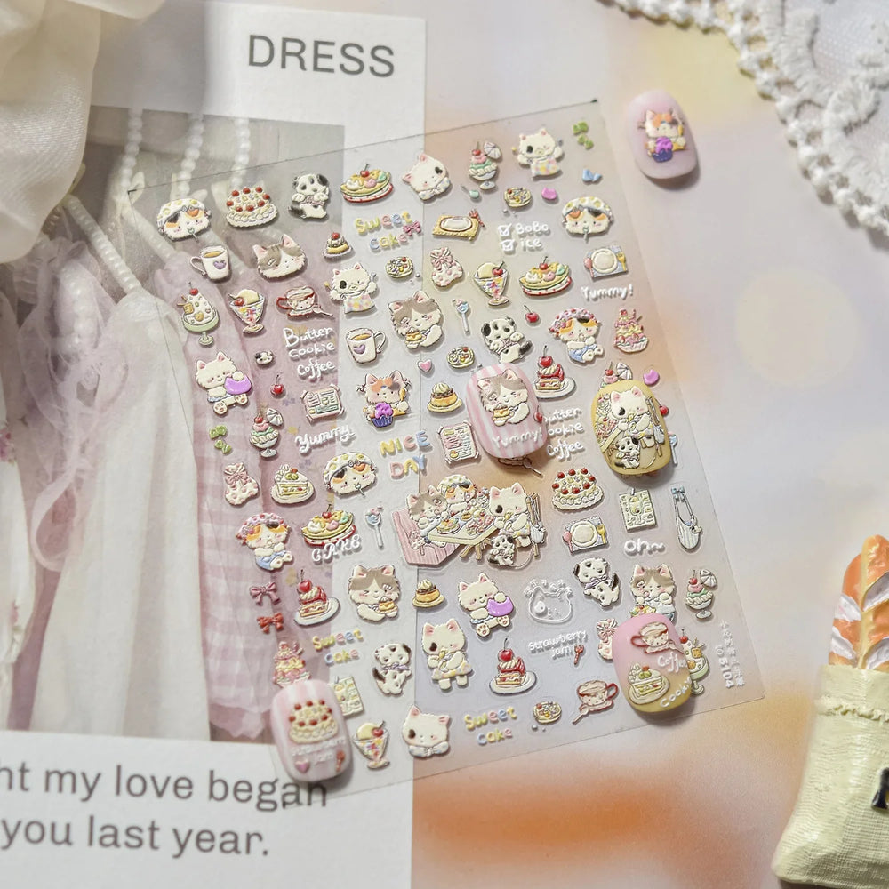 Cute Cat Cherry Sweet Cake Dog Butter Cookie Coffee Strawberry Jam Ice Cream Adhesive Nail Art Decoration Sticker Manicure Decal (Online Order Only)