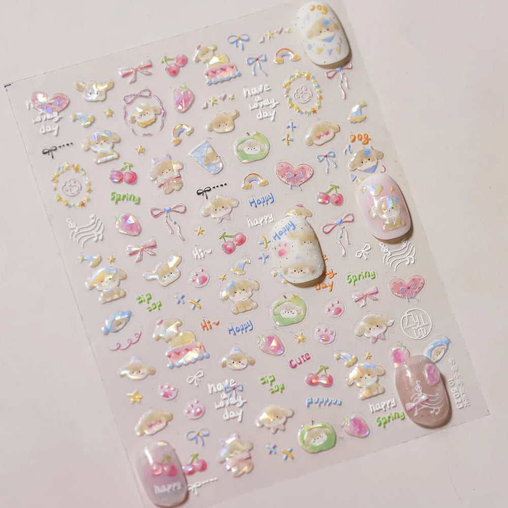 Small Animals Meeting Dog Cat Kitten Bowknot Cherry Butterfly Wreath Paw Star Hat Self Adhesive Nail Art Stickers Manicure Decal (ONLINE ORDER ONLY)
