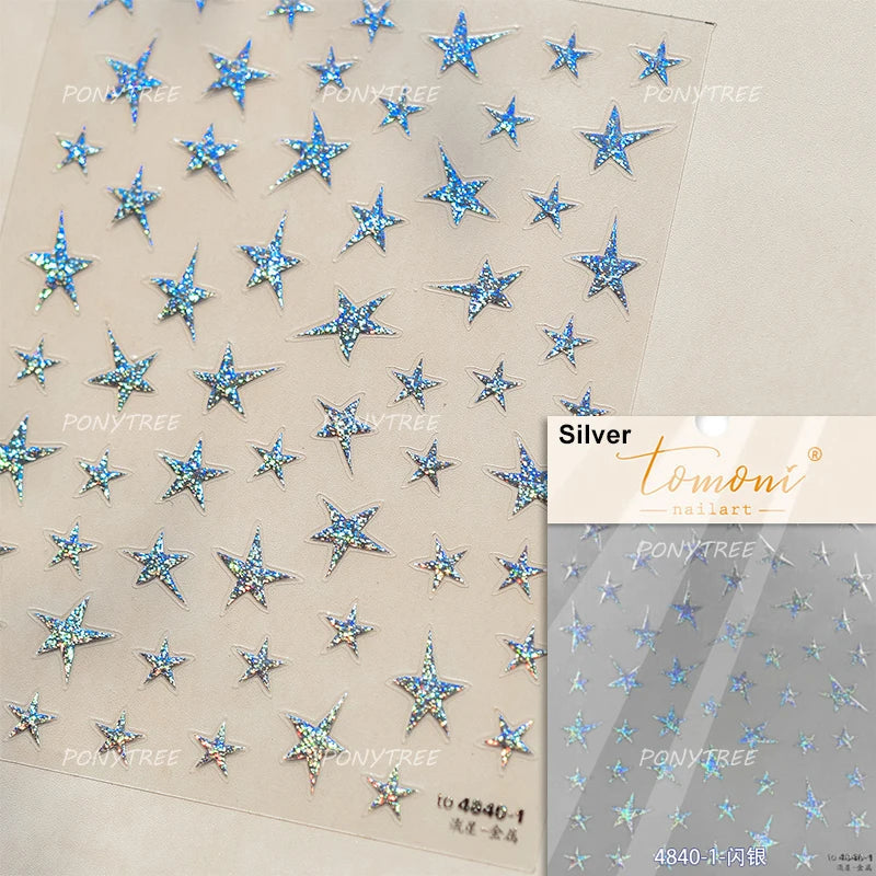 Irregular Stars Red Silver Five-pointed Star Meteor Shiny 5D Self Adhesive Nail Art Stickers Romantic Rhinestone Manicure Decals (ONLINE ORDER ONLY)