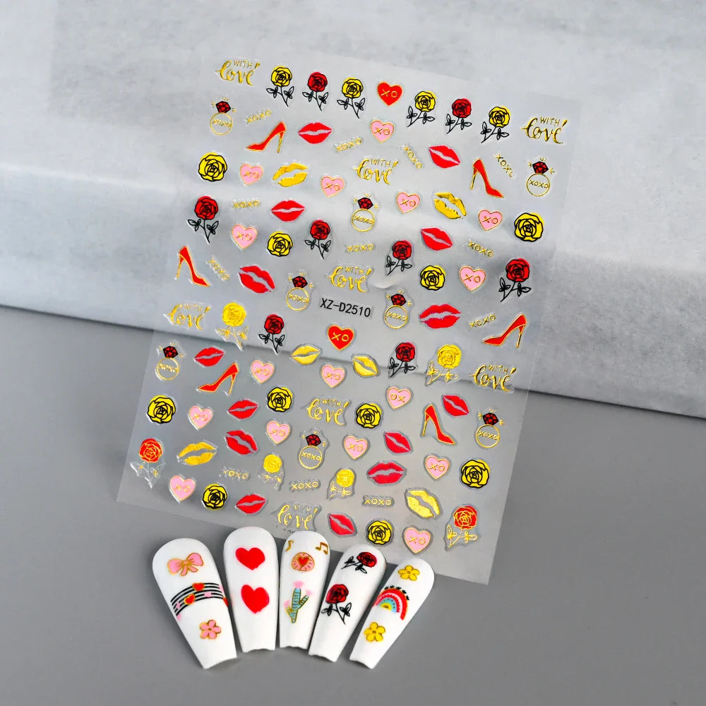 1PC Holographic Laser Heart Nail Stickers-3D Self-Adhesive Golden White Valentines Day Nail Decals For Women Nail Art Decoration (ONLINE ORDER ONLY)